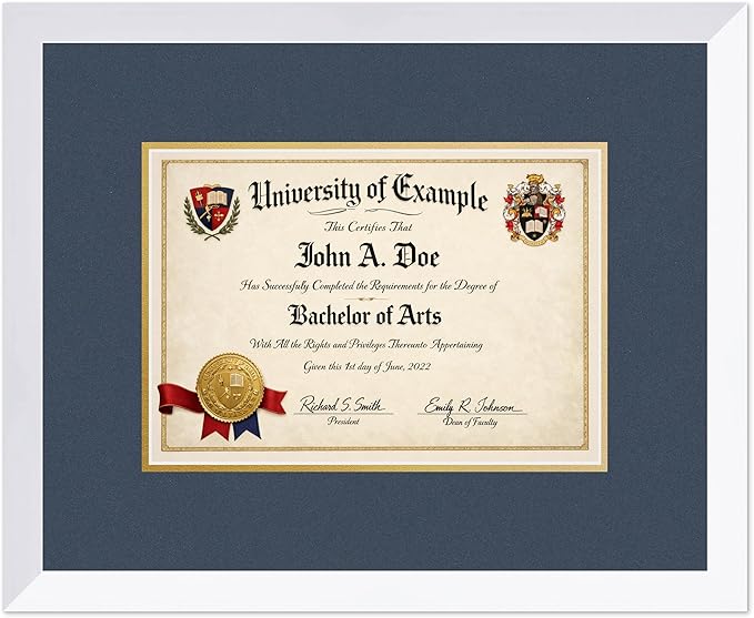 CountryArtHouse Diploma Frame Fits 11.69 x 8.27 A4 Certificate - Keepsake Graduation Display Bright White Genuine Hardwood with Navy Blue Over Metallic Gold Double mat