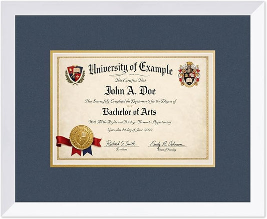 CountryArtHouse Diploma Frame Fits 11.69 x 8.27 A4 Certificate - Keepsake Graduation Display Bright White Genuine Hardwood with Navy Blue Over Metallic Gold Double mat