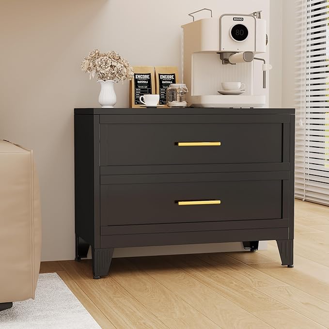 Dresser for Bedroom 2 Drawers, Metal Dresser Chest of Drawers, can be Used as Nightstand, Side Table, Under Desk Steel File Cabinet for Home Office Storage Small Size Files (Black)