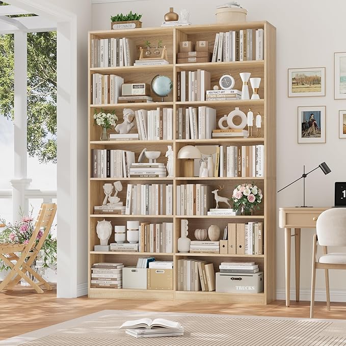 FACBOTALL 83.6" Tall Bookshelf and Bookcase, 7-Tier Extra Large Bookshelf with Double Storage, 14 Open Display Shelves for Home Office, Study and Living Room, Light Oak