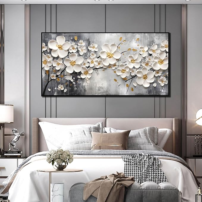Flowers Canvas Wall Art for Bedroom - White Art Paintings for Wall Living Room - Framed Wall Art for Office Large Size 29" x 59"