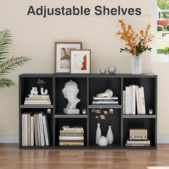 YESHOMY 8 Cube Storage Organizer, Open Frame 2-Tier Bookshelf, Organizer with Adjustable Shelves, Display Storage Bookcase for Living Room, Bedroom, Entrance Hall, Home Office, Modern Black