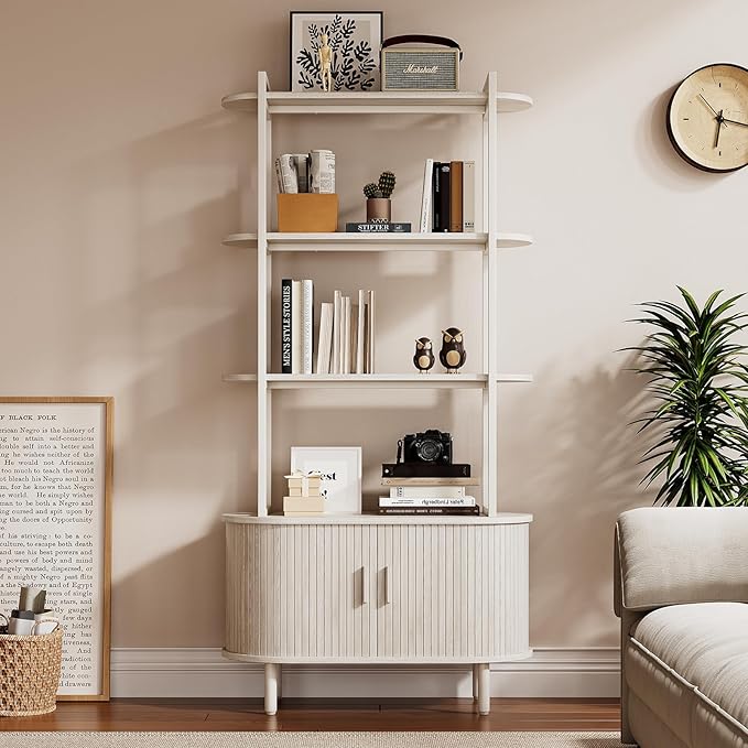 5 Tier Tall Bookshelf with Cabinet, Fluted Bookcase with Sliding Door, Metal and Wood Display Shelf, Free Standing Storage Shelving Unit, Corner Storage Organizer for Living Room, Home Office, White