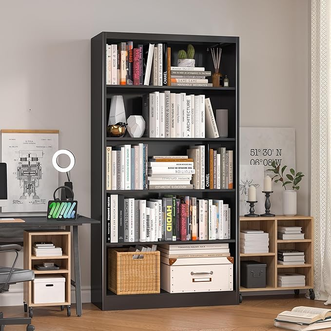 Bookshelf, Metal 5 Tier Industrial Bookshelves, 14" Deep Book Case for Book/Decor/CD/Movie, Adjustable Book Shelf, 66" Tall Modern Bookshelf for Bedroom Living Room Home Office School, Black