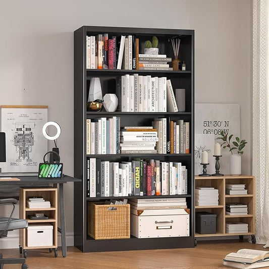 Bookshelf, Metal 5 Tier Industrial Bookshelves, 14" Deep Book Case for Book/Decor/CD/Movie, Adjustable Book Shelf, 66" Tall Modern Bookshelf for Bedroom Living Room Home Office School, Black