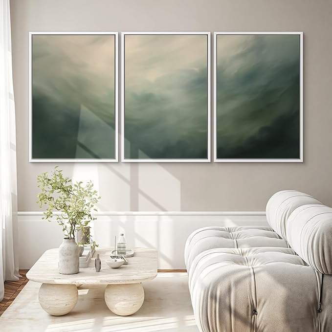 SIGNWIN Framed Canvas Print Wall Art Set Green Abstract Cloudy Landscape Illustrations Modern Art Decorative Boho Relax/Zen Nordic for Living Room, Bedroom, Office - 24"x36"x3 White