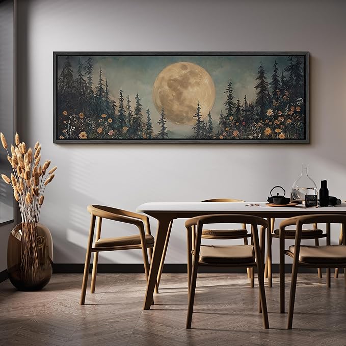 SIGNFORD Large Framed Canvas Moonlit Forest with Wildflowers Mystical Illustrations Modern Art Calm Warm for Living Room, Bedroom, Office - 60"x20"