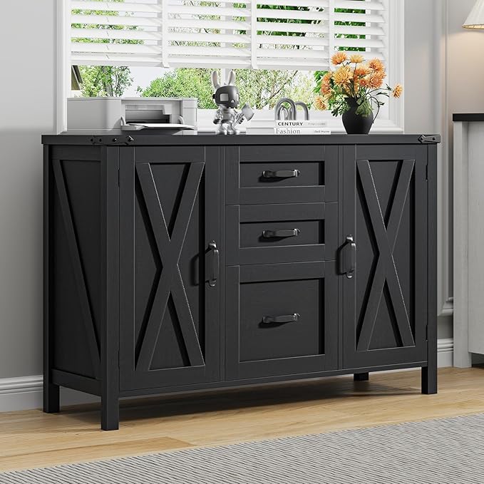 3 Drawer File Cabinet, Farmhouse Lateral Filing Cabinet with Doors Fits Letter or A4 Size, Wooden Printer Stand with Open Storage Adjustable Shelf for Home Office, Rustic Black