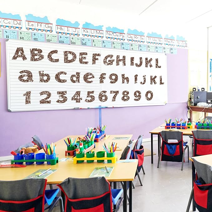 Colarr 216 Pcs Glitter Bulletin Board Letters for Classroom Number Alphabet Punctuation Symbol Cutout 4'' Die-Cut Poster Letter with Adhesive Dot School Party Holiday Decor Display(Brown)