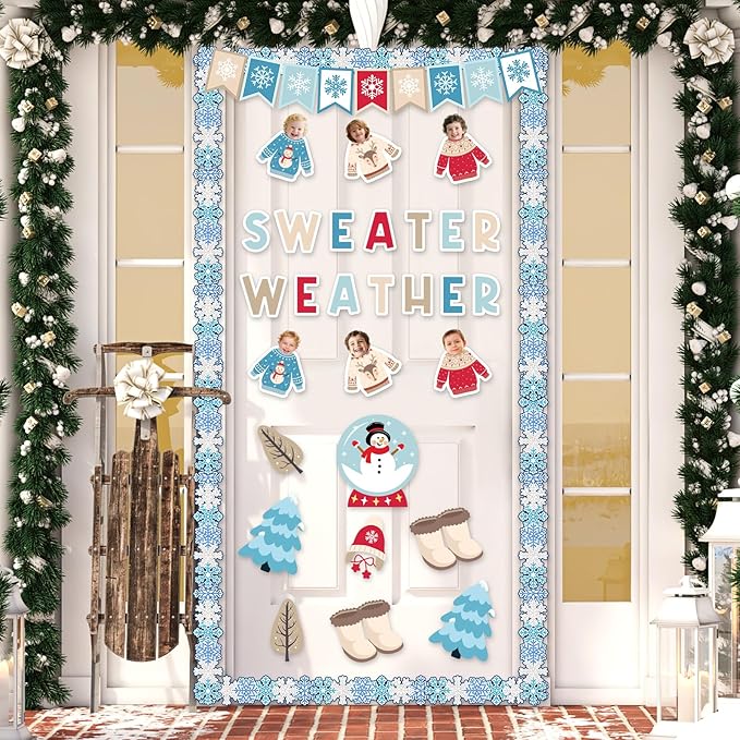 95Pcs Winter Bulletin Board Decoration Set Christmas Sweater Weather Classroom Decoration Kit Snowmen Snowflake Border DIY Photo for Home School Office Wall Door (Sweater)