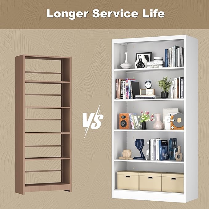 66” Tall Metal Bookcase, 5-Shelf Book Case with Adjustable & Extra Deep 14” Shelves, Heavy Duty Storage for Books, Vinyl Records, Home Office, Library, Living Room, Garage, White