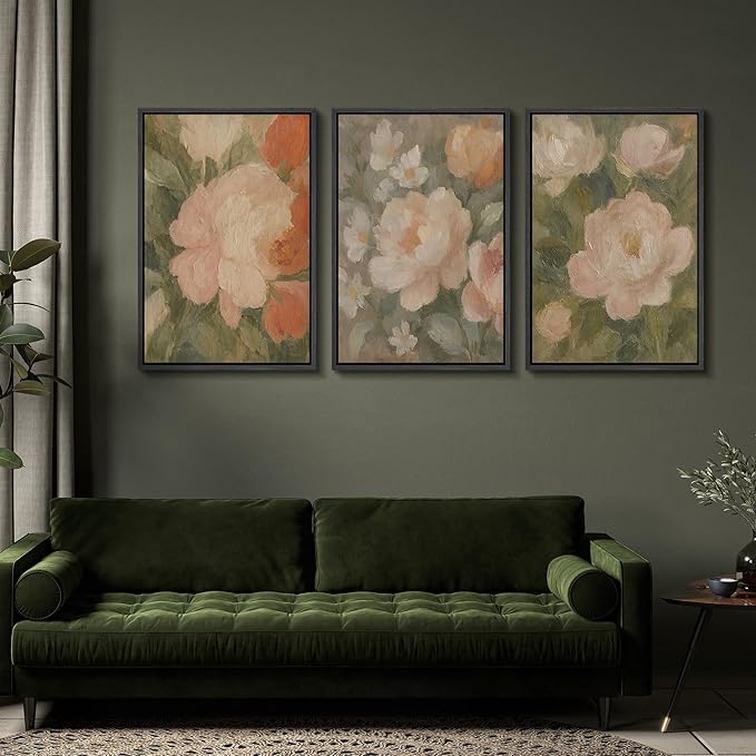 SIGNFORD Framed Wall Art Print Set Soft Pastel Peony Floral Romantic Botanical Digital Art Modern Art Contemporary for Living Room, Bedroom, Office - 24"x36"x3 BLACK