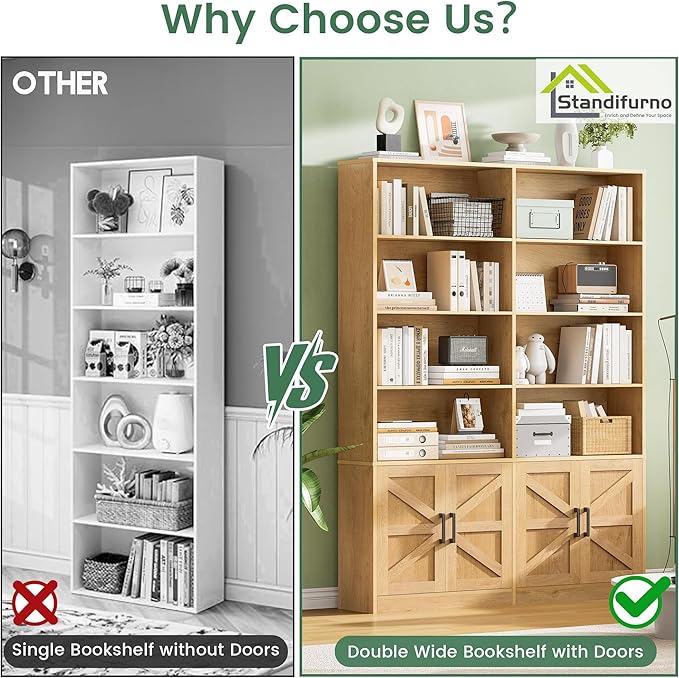 Modern Bookshelf and Bookcase with 4 Doors Set of 2, 71" Tall Double Book Shelf with Storage Cabinets, Floor Standing Open Display Shelves, 6 Tier Large Book Case for Home Office, Natural