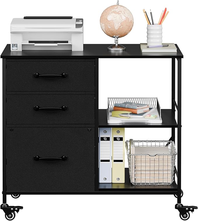 JungleA 3 Drawer Mobile File Cabinet, with 3 Fabric Drawers and 2 Shelves, Mobile Storage Organizer Cart for Office, Study Room, Library, Black