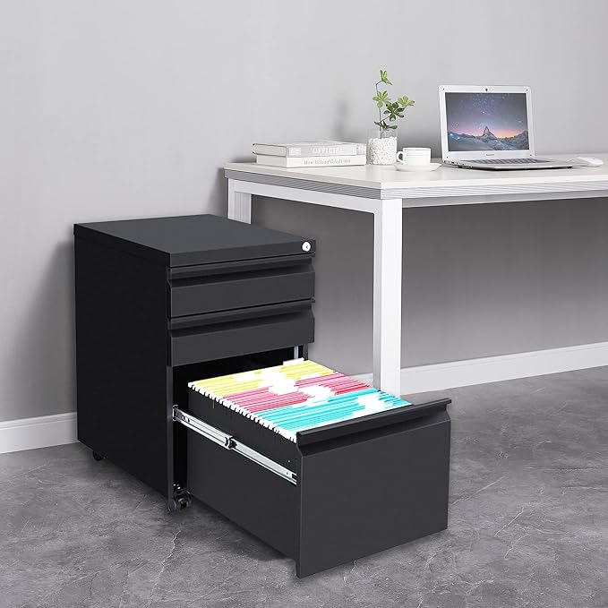3 Drawer File Cabinet with Lock, Steel Mobile Filing Cabinet on Anti-tilt Wheels, Rolling Locking Office Cabinets Under Desk for Legal/Letter Size (Black)