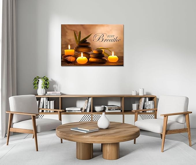 YIOZHAOFH Zen Wall Decor Just Breathe Motivational Bathroom Wall Art Yoga Room Poster for Women Spa Picture Painting Spiritual Artwork Framed for Living Room Ready to Hang (24L x 36W)