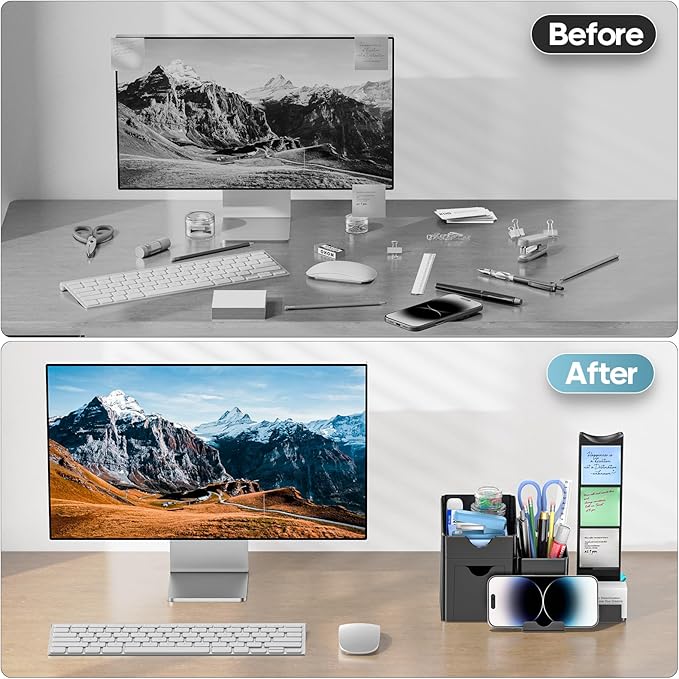 KDD Pen Organizer with Headphone Holder - Pencil Holder for Desk with Drawer and Card Holder - Multi-Functional Desk Organizer Set for Home Office Accessories Art Supplies