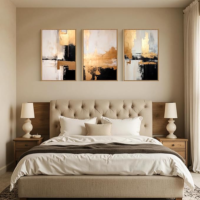 3Pcs Black Gold Abstract Wall Art Large Modern Minimalist Posters Prints Grey And Gold Graffiti Pictures And Paintings Neutral Art for Living Room Bedroom Bathroom Office Decorations Unframed