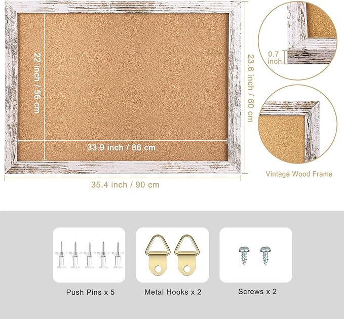 Cork Board Bulletin Board, 35.4x23.6 inches Decorative Hanging Framed Cork Boards for Walls, Pin Board Vision Board for School Home Office, Bulletin Board with Wooden Frame (6090,WH,1pc)
