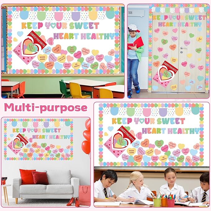 Valentine's Day Health Bulletin Board Set Health Habits Conversation Heart Classroom Decor Sweet Candy Heart Cutouts Pastel Bulletin Board Border for Holiday Party School Home Chalkboard Wall Decor