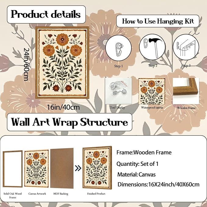 Framed Vintage Mexican Floral Wall Art, Boho Flower Pictures Wall Decor, Folk Marigolds Botanical Paintings Canvas Prints Rustic Home Decor for Living Room Bedroom 16x24 inch