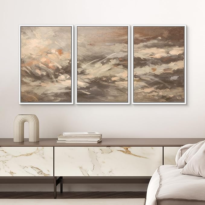 SIGNWIN Framed Canvas Print Wall Art Set Warm Earth Tone Brushstroke Abstract Illustrations Modern Art Decorative Boho Relax/Zen Nordic for Living Room, Bedroom, Office - 16"x24"x3 White