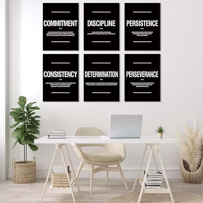 COSCTOR Set of 6 Motivational Wall Art Decor Inspirational Quotes Framed Canvas Black and White Pictures for Workplace Office Garage Gym Classroom Bedroom(Framed,12x16)