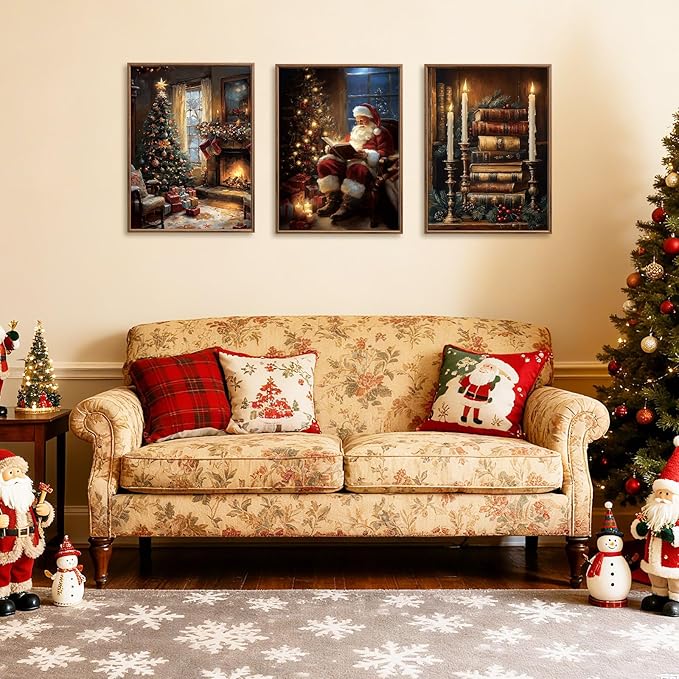 Christmas Canvas Wall Art Vintage Christmas Wall Decor Satan Framed Claus Paintings 12x16 Inches Set of 3 for Living Room Bedroom