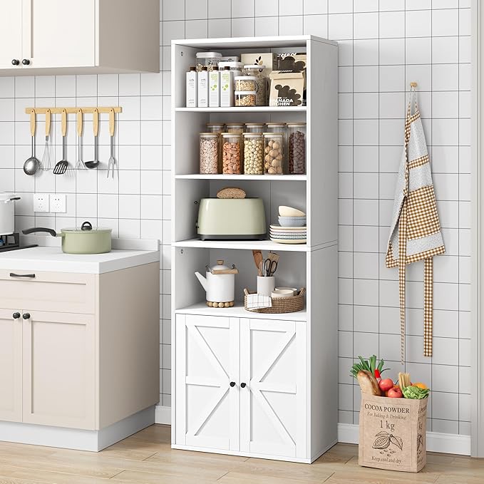 IDEALHOUSE Bookcase with Doors Industrial Bookshelf 11.8in Depth Display Storage Shelves 71.4in Tall Farmhouse Bookcases Wooden 6 Shelf Bookshelvels for Bedroom, Living Room, Home Office (White)
