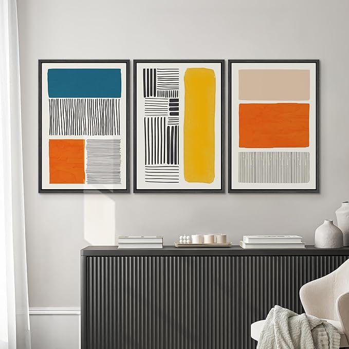 SIGNWIN Framed Canvas Print Wall Art Set Mid-Century Bright Color Block Collage Abstract Shapes Illustrations Minimalism Bohemian Decorative for Living Room, Bedroom, Office - 16"x24"x3 Black