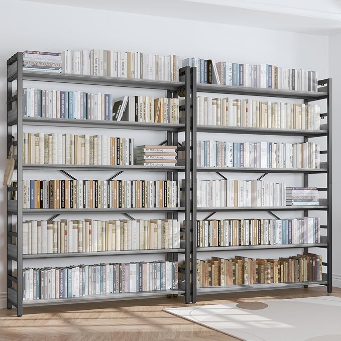 HCHQHS Bookshelf, Adjustable Industrial Bookcase, Vertical Tall Book Shelf, Wood and Black Metal Open Bookshelves for Home Office, Living Room, Bedroom (Grey, 6-Tier (47" W x 70" H))