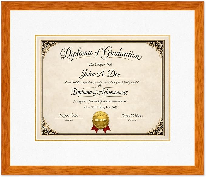 Diploma Frame Honey Oak with Oyster Shell Over Gold Double Mat - Fits 14 x 11 College Diploma (Modern) Wall Display Made in the USA