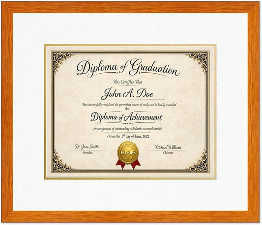 Diploma Frame Honey Oak with Oyster Shell Over Gold Double Mat - Fits 14 x 11 College Diploma (Modern) Wall Display Made in the USA