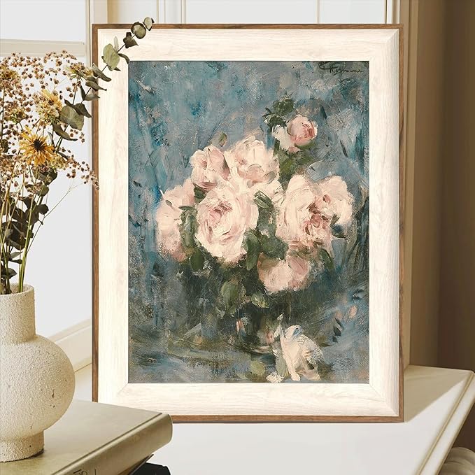 ASTRDECOR Framed Vintage Wall Art for Living Room, Vintage Floral Home Decor Aesthetic, Victorian Pink Rose Bouquet Oil Painting Blue Canvas Wall Art Prints, Antique Flower Pictures Blue Artwork for Living Room-12''x16''