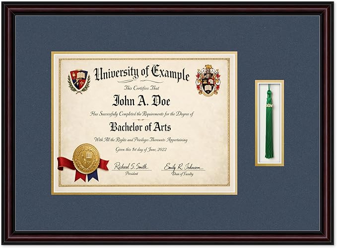 Diploma and Tassel Frame Fits 13 x 10 College Diploma (Traditional) with Executive Brown Genuine Hardwood Shadowbox with Navy Blue Over Metallic Gold Double mat