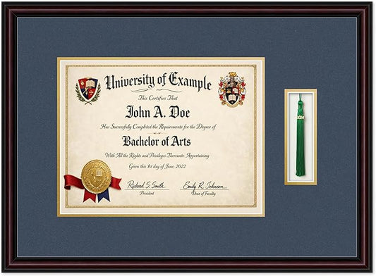 Diploma and Tassel Frame Fits 13 x 10 College Diploma (Traditional) with Executive Brown Genuine Hardwood Shadowbox with Navy Blue Over Metallic Gold Double mat
