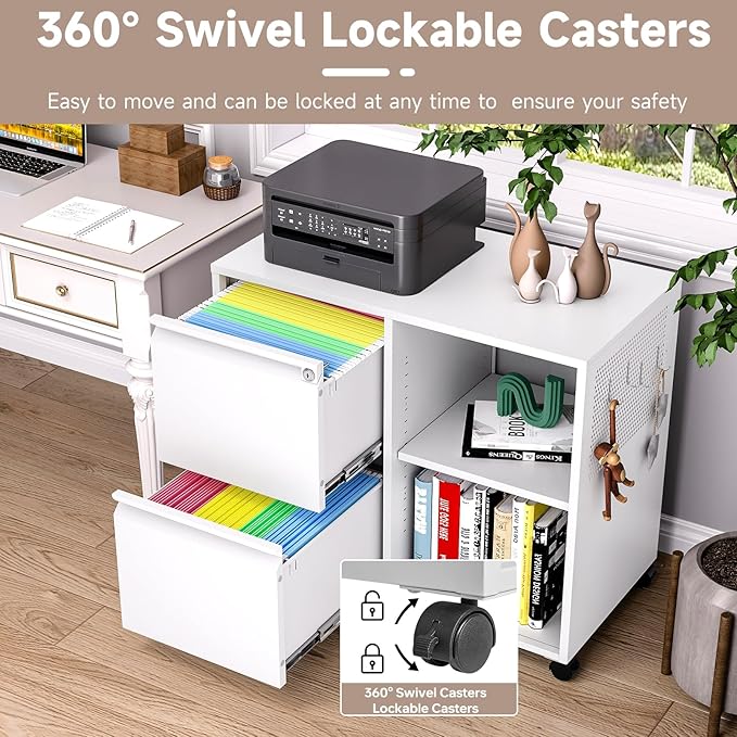 2 Drawer File Cabinet for Home Office, Rolling File Cabinets with Lock, Under Desk Metal Filing Caninet with Wheels for A4 / F4 / Letter/File Box, White-Assembly Required