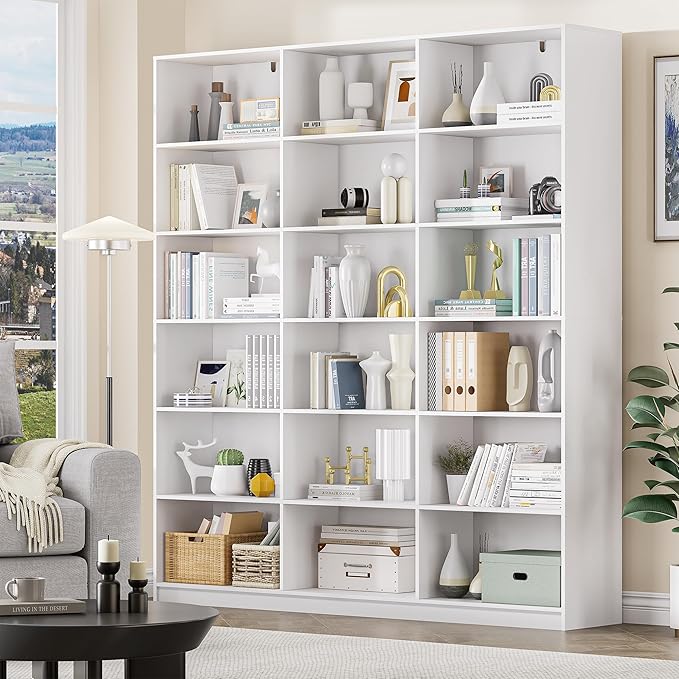 White Bookcase with 18 Display Shelves, Triple Column Book Case, 1PC 6 Tier Large Bookshelf, Freestanding Storage Shelf for Bedroom Living Room Home Office