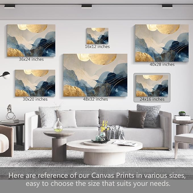 gaosoul Modern Blue Abstract Canvas Wall Art Oil Painting Gicless Prints with Gold Circles Flowing Watercolor Effects Dynamic Brushstrokes Artwork for Living Room Home Office Decor Framed 24x16in