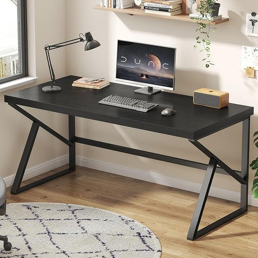 HSH Black Computer Desk, Long Home Office Laptop PC Desk, Large Industrial Metal Wood Executive Writing Gaming Workstation Desk, Modern Simple Student Study Work Table for Bedroom Living Room, 60 Inch
