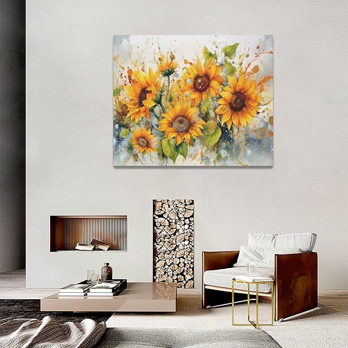 yerretin Sunflower Wall Art Watercolor Pictures Wall Decor Rustic Sunflower Canvas Farmhouse Print Artwork Home Decorations for Living Room Bedroom Bathroom Office Framed 20"x16"