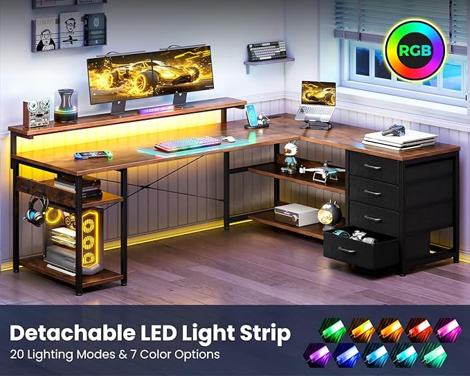 AODK 61" L Shaped Desk with Drawer, Computer Desk with Power Outlets & LED Lights, Reversible Corner Gaming Desks for Home Office Workstation, Office Table with Monitor Shelf, Vintage