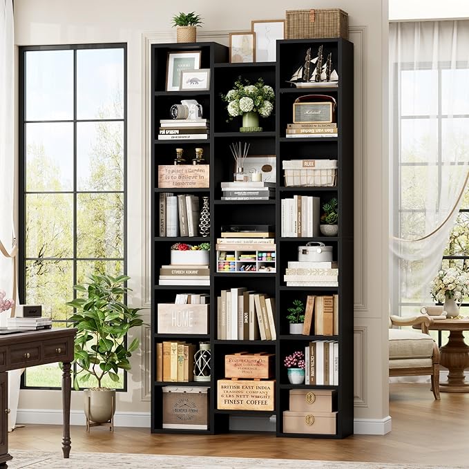 FOTOSOK 71'' Tall Bookshelf with 21 Cubes, 8 Tier Triple Wide Black Bookshelf with 8 Adjustable Shelves, 35" Large Bookcase DVD/CD Media Tower Storage, Freestanding Display Shelf Cabinet, Black