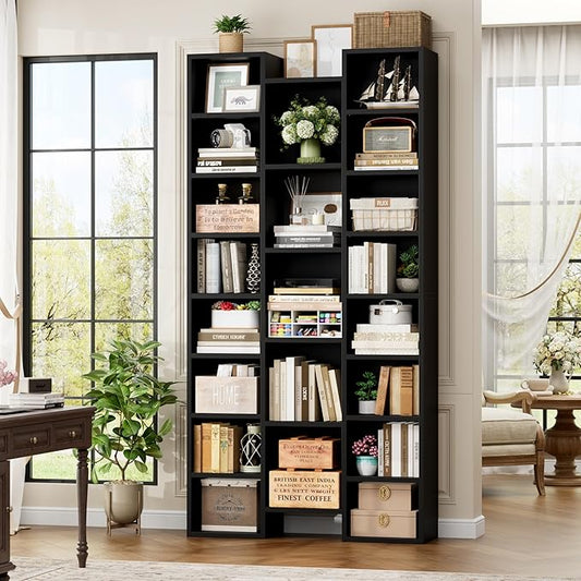 FOTOSOK 71'' Tall Bookshelf with 21 Cubes, 8 Tier Triple Wide Black Bookshelf with 8 Adjustable Shelves, 35" Large Bookcase DVD/CD Media Tower Storage, Freestanding Display Shelf Cabinet, Black
