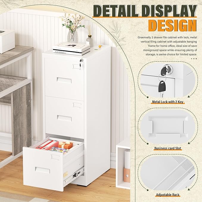 Greenvelly 3 Drawer File Cabinet with Lock, Metal Filing Cabinet for Home Office, Locking Vertical File Cabinet, 18" D File Cabinets for Home Office, Easy Assemble (White)