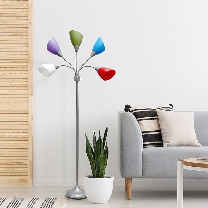 Simple Designs LF2006-SDM 67" Contemporary Multi Head Medusa 5 Light Adjustable Gooseneck Silver Floor Lamp with Primary Dark Multicolored Shades for Kids Bedroom Playroom Living Room Office