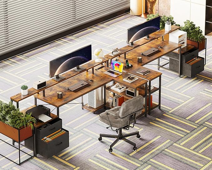 ODK 75" L Shaped Desk with File Drawers, Work from Home Office Desk with Power Outlet, Reversible Computer Desk with Storage Shelves, Gaming Desk with Monitor Shelf, Corner WFM Table, Vintage