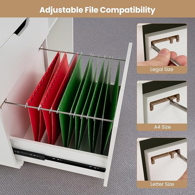 3 Drawer File Cabinet, Wood Lateral Filing Cabinet for Hanging Letter, A4, Legal Size, Rolling Printer Stand with Adjustable Shelf, Under Desk Storage for Home Office (White)