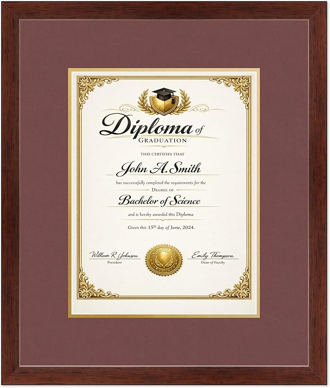 CountryArtHouse Diploma Frame Fits 10 x 13 College Diploma (Portrait Traditional) - Keepsake Graduation Rustic Walnut Genuine Hardwood with Dark Red Over Metallic Gold Double mat