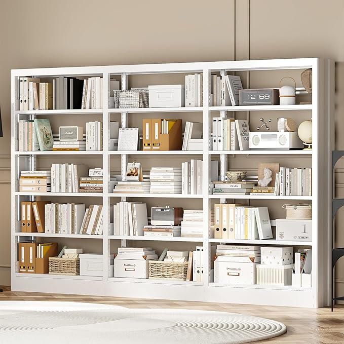 71" Metal Book Shelf, 5 Tier Bookshelf with Adjustable Shelves, Bookshleves and Bookcases, Heavy Duty Library Book Case, Expandable Combination Bookshelf (White, 108.3" W)